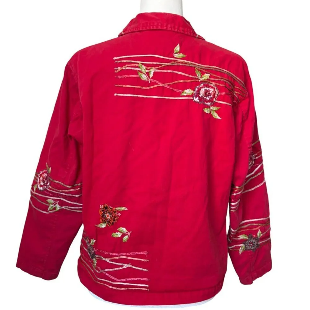 Coldwater Creek Red Floral Embellished Embroidered Denim Jacket